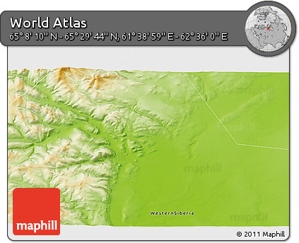 Physical 3D Map of the Area around 65° 18' 57" N, 62° 7' 30" E