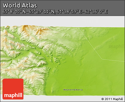 Physical 3D Map of the Area around 65° 18' 57" N, 62° 7' 30" E
