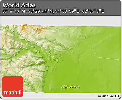Physical 3D Map of the Area around 65° 18' 57" N, 62° 7' 30" E