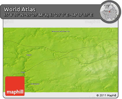 Physical 3D Map of the Area around 65° 18' 57" N, 63° 49' 30" E
