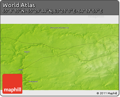 Physical 3D Map of the Area around 65° 18' 57" N, 63° 49' 30" E