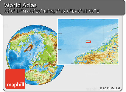Physical Location Map of the Area around 65° 18' 57" N, 7° 43' 29" E