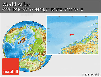 Physical Location Map of the Area around 65° 18' 57" N, 7° 43' 29" E