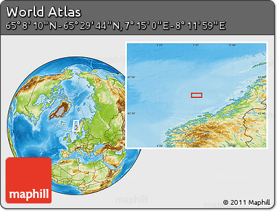 Physical Location Map of the Area around 65° 18' 57" N, 7° 43' 29" E