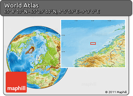 Physical Location Map of the Area around 65° 18' 57" N, 8° 34' 29" E