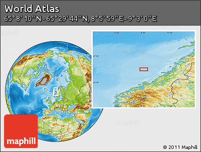 Physical Location Map of the Area around 65° 18' 57" N, 8° 34' 29" E