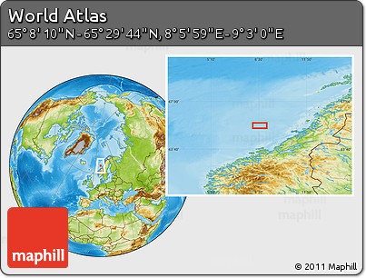 Physical Location Map of the Area around 65° 18' 57" N, 8° 34' 29" E