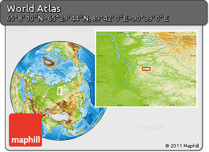 Physical Location Map of the Area around 65° 18' 57" N, 90° 10' 30" E