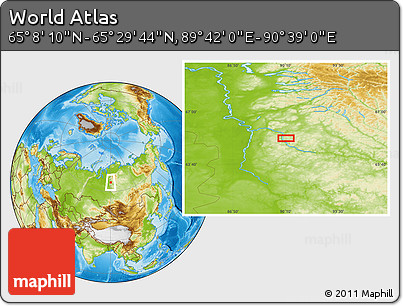 Physical Location Map of the Area around 65° 18' 57" N, 90° 10' 30" E