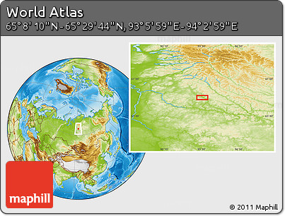 Physical Location Map of the Area around 65° 18' 57" N, 93° 34' 29" E