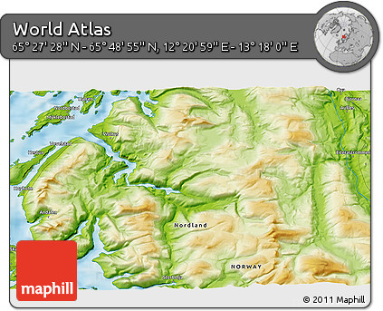 Physical 3D Map of the Area around 65° 38' 11" N, 12° 49' 29" E