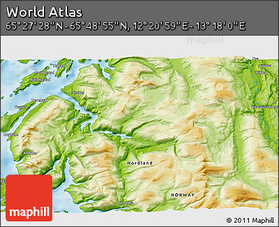 Physical 3D Map of the Area around 65° 38' 11" N, 12° 49' 29" E