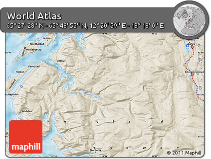 Shaded Relief Map of the Area around 65° 38' 11" N, 12° 49' 29" E