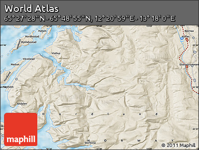 Shaded Relief Map of the Area around 65° 38' 11" N, 12° 49' 29" E