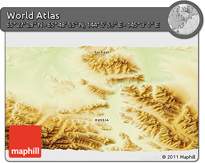Physical 3D Map of the Area around 65° 38' 11" N, 144° 34' 29" E