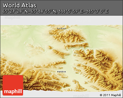 Physical 3D Map of the Area around 65° 38' 11" N, 144° 34' 29" E