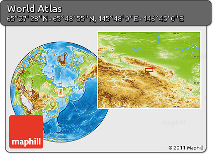 Physical Location Map of the Area around 65° 38' 11" N, 146° 16' 30" E