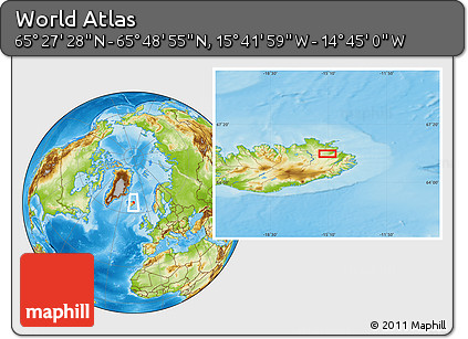 Physical Location Map of the Area around 65° 38' 11" N, 15° 13' 29" W