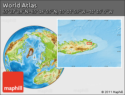 Physical Location Map of the Area around 65° 38' 11" N, 15° 13' 29" W