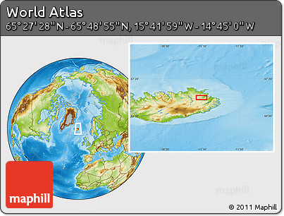 Physical Location Map of the Area around 65° 38' 11" N, 15° 13' 29" W