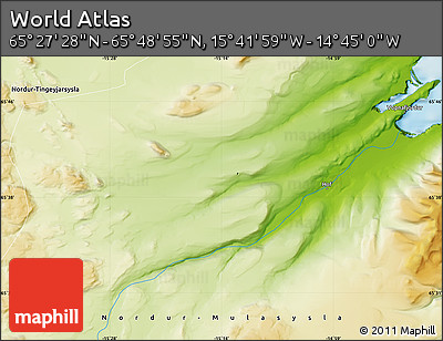 Physical Map of the Area around 65° 38' 11" N, 15° 13' 29" W