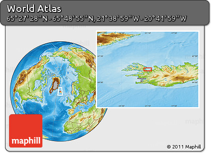 Physical Location Map of the Area around 65° 38' 11" N, 21° 10' 29" W