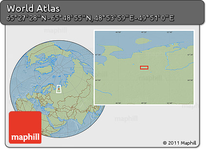Savanna Style Location Map of the Area around 65° 38' 11" N, 49° 22' 30" E, hill shading