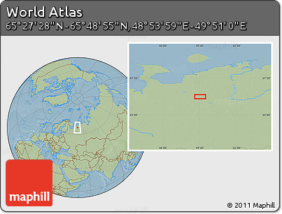 Savanna Style Location Map of the Area around 65° 38' 11" N, 49° 22' 30" E, hill shading