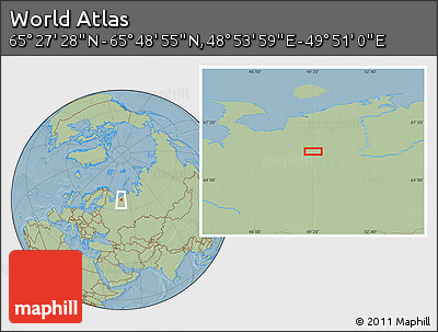 Savanna Style Location Map of the Area around 65° 38' 11" N, 49° 22' 30" E, hill shading