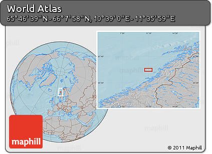 Gray Location Map of the Area around 65° 57' 19" N, 11° 7' 30" E, hill shading