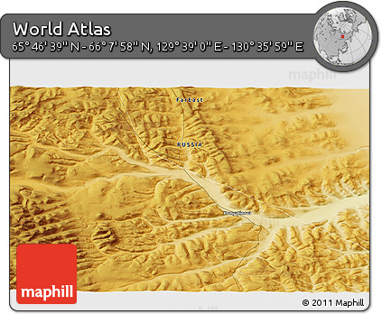 Physical 3D Map of the Area around 65° 57' 19" N, 130° 7' 30" E