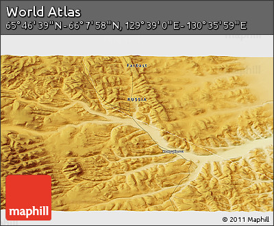 Physical 3D Map of the Area around 65° 57' 19" N, 130° 7' 30" E