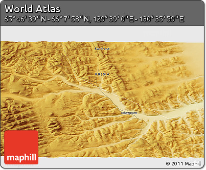 Physical 3D Map of the Area around 65° 57' 19" N, 130° 7' 30" E
