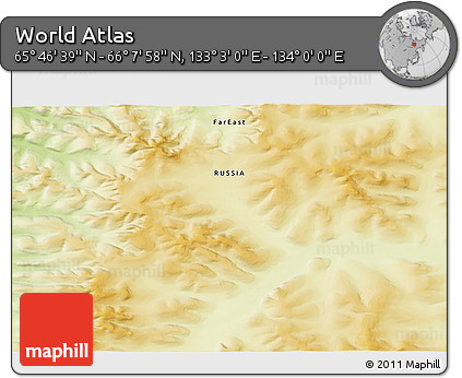 Physical 3D Map of the Area around 65° 57' 19" N, 133° 31' 30" E