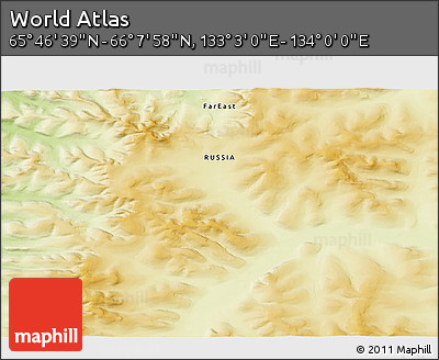 Physical 3D Map of the Area around 65° 57' 19" N, 133° 31' 30" E