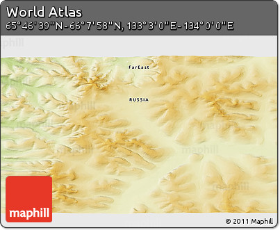 Physical 3D Map of the Area around 65° 57' 19" N, 133° 31' 30" E