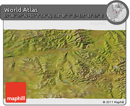 Satellite 3D Map of the Area around 65° 57' 19" N, 135° 13' 29" E