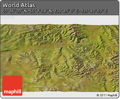 Satellite 3D Map of the Area around 65° 57' 19" N, 135° 13' 29" E