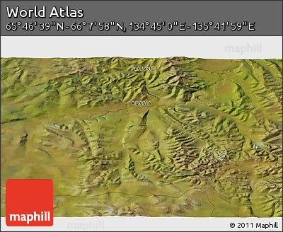 Satellite 3D Map of the Area around 65° 57' 19" N, 135° 13' 29" E