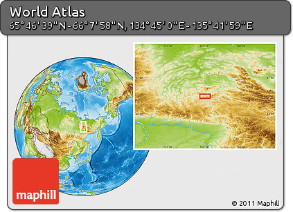 Physical Location Map of the Area around 65° 57' 19" N, 135° 13' 29" E