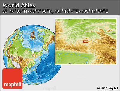 Physical Location Map of the Area around 65° 57' 19" N, 135° 13' 29" E