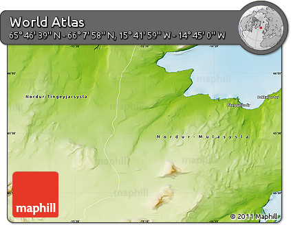 Physical Map of the Area around 65° 57' 19" N, 15° 13' 29" W