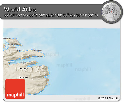 Shaded Relief 3D Map of the Area around 65° 57' 19" N, 21° 10' 29" W
