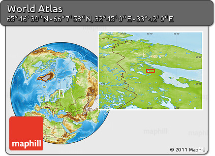 Physical Location Map of the Area around 65° 57' 19" N, 33° 13' 30" E