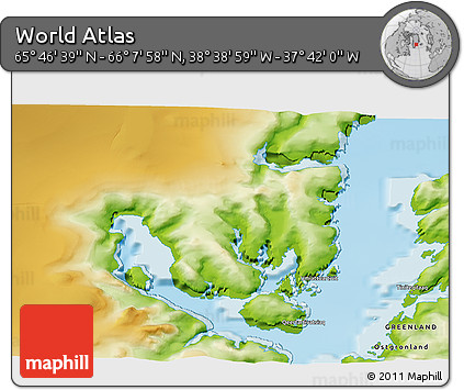 Physical 3D Map of the Area around 65° 57' 19" N, 38° 10' 29" W