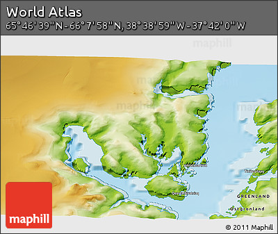 Physical 3D Map of the Area around 65° 57' 19" N, 38° 10' 29" W