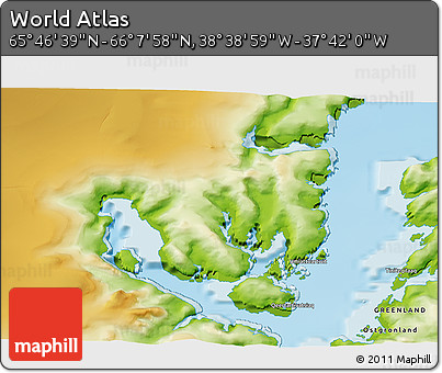Physical 3D Map of the Area around 65° 57' 19" N, 38° 10' 29" W