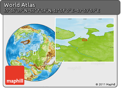 Physical Location Map of the Area around 65° 57' 19" N, 43° 25' 29" E