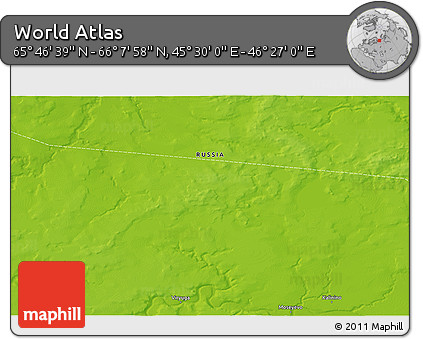 Physical 3D Map of the Area around 65° 57' 19" N, 45° 58' 30" E
