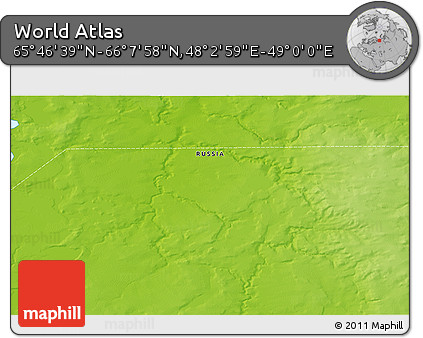 Physical 3D Map of the Area around 65° 57' 19" N, 48° 31' 29" E
